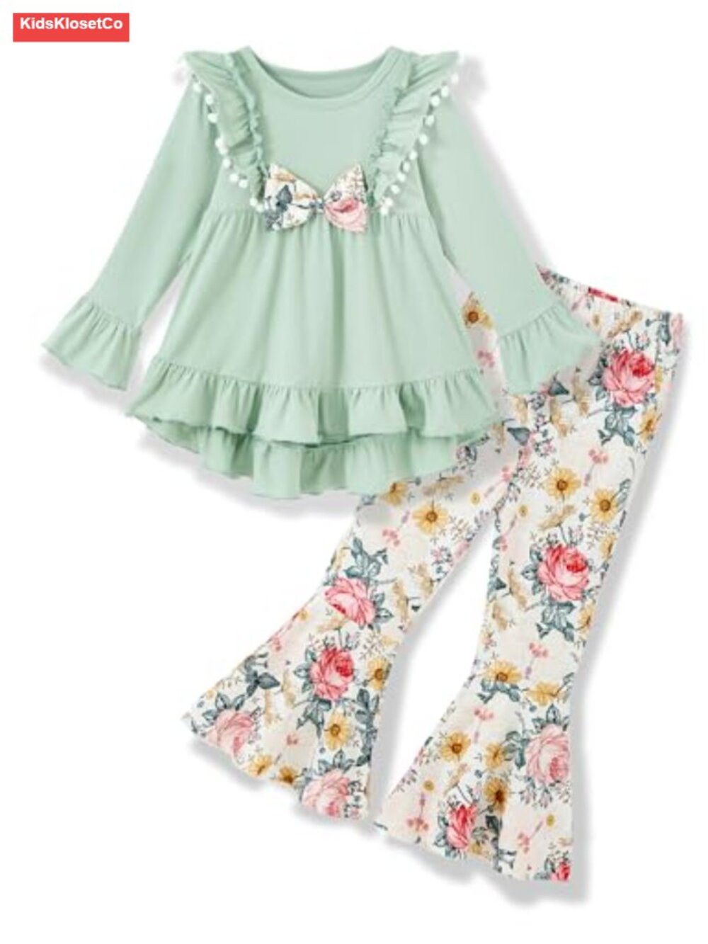Toddler Girls 2pc Ruffle Sleeve Top Flare Pants Set Fall Winter Outfit